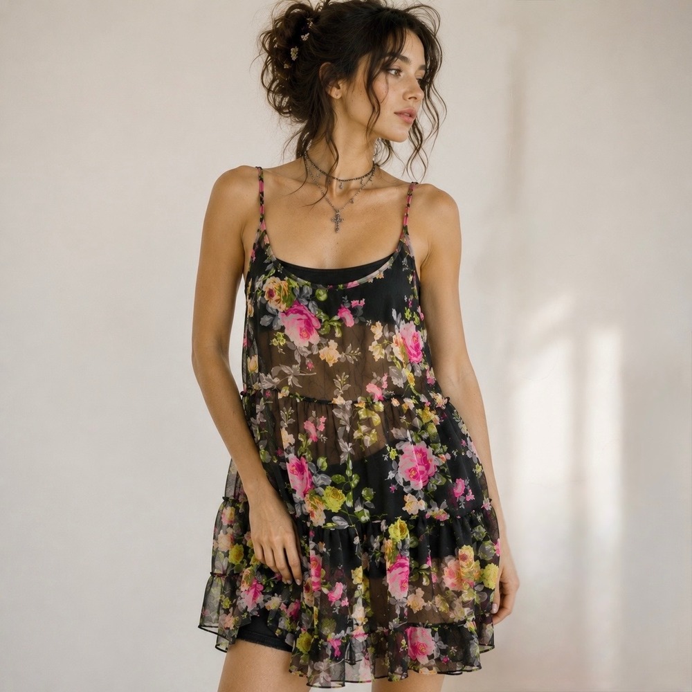 Poetry Black Pink Floral Chiffon Tiered Mini Dress Y2K Whimsigoth Fairy Grunge S - Picture 6 of 14